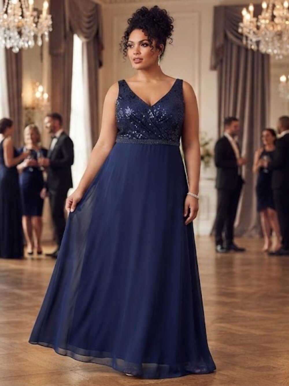 Ralph Lauren Navy Sequin V-Neck Chiffon Gown